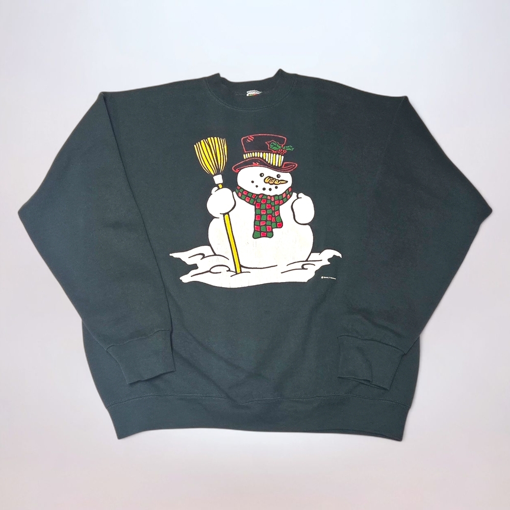 Vintage 90s Christmas Snowman Dark Green Sweatshirt (Size XL)